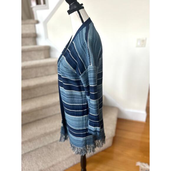 Ralph Lauren Navy & Light Blue Strip Fringe Western Long Line Cardigan - Picture 3 of 7
